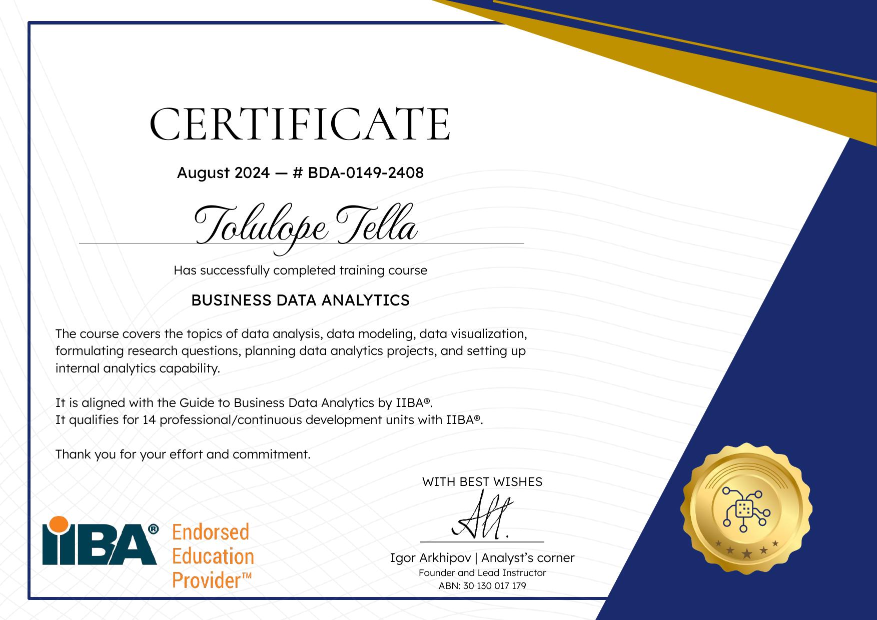 IIBA Business Data Analytics Training certificate